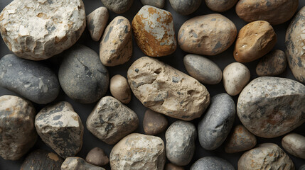A close-up view of various smooth, rounded river stones and pebbles in different shades of grey, brown, and white, creating a natural textured background.