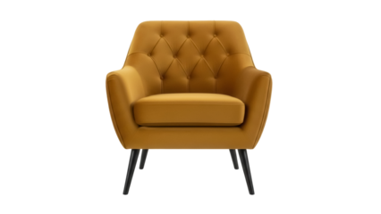 Stylish mustard yellow armchair isolated PNG, modern velvet seat with black legs for living room furniture and interior design