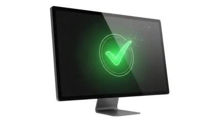 Modern computer monitor with green checkmark PNG isolated on transparent background, digital display for technology and business use
