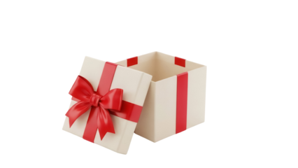 Open gift box with red ribbon isolated PNG, present container for birthday celebration and special occasion on transparent background