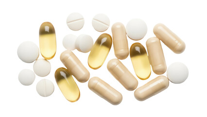 Assorted pills and capsules isolated PNG on transparent background, pharmaceutical medication for health and wellness