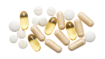 Assorted pills and capsules isolated PNG on transparent background, pharmaceutical medication for health and wellness