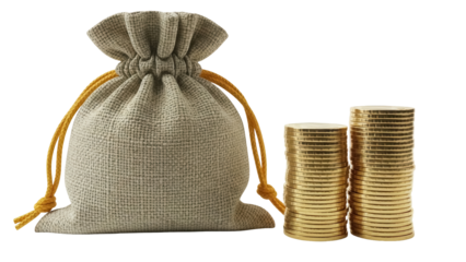 Burlap sack with gold coins isolated on transparent background, money bag PNG for finance and investment concepts