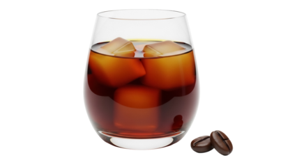 Iced coffee in glass isolated PNG, refreshing cold brew with ice cubes and coffee beans on transparent background