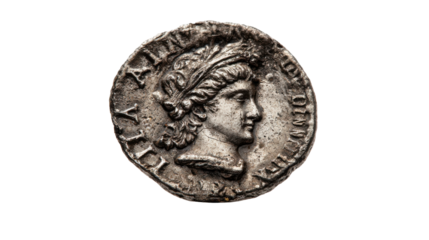 Ancient Roman silver coin historical artifact classical emperor portrait numismatic heritage antique collectible isolated studio macro on black background