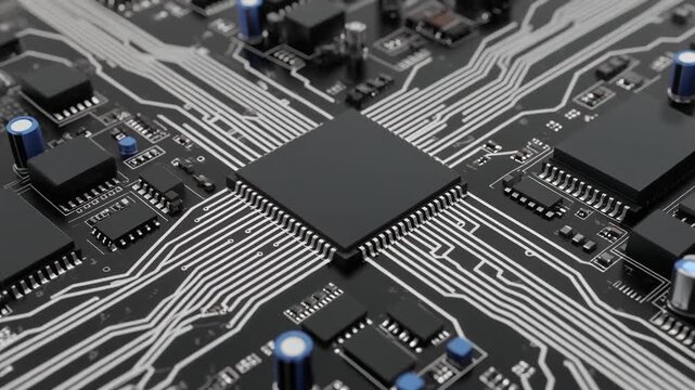 Close-up of computer motherboard with central microchip and surrounding electronic components, white circuit traces.