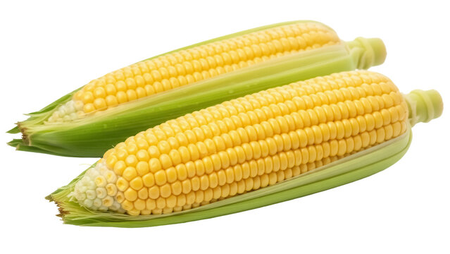 Two fresh yellow corn cobs with green husks isolated PNG, sweetcorn on transparent background for healthy eating and agricultural concepts