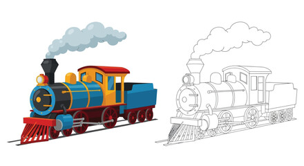 Steam Engine Delight: A vibrant steam engine chugs along tracks, puffing a cloud of steam, accompanied by its line drawing counterpart, offering a unique visual experience.