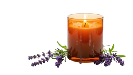 Burning amber candle with lavender sprigs isolated PNG, aromatherapy and relaxation concept on transparent background