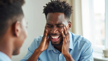 Young black man grimaces with pain, holding head. He has severe toothache, possible infection, or migraine. His eyes are closed shut and mouth is wide open.