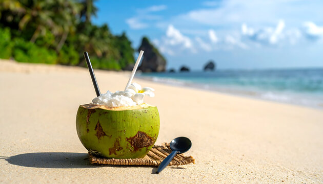 A refreshing scene of Es Kelapa Muda young coconut ice served directly in the coconut with a straw and spoon on a sandy beach background.