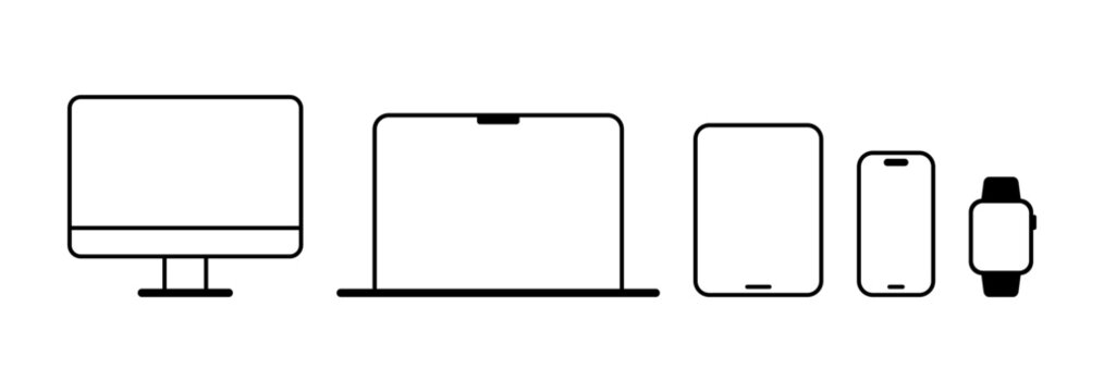Minimal computer, laptop, tablet pc, mobile phone, and smart watch icon set. Modern technology devices flat icons collection, vector illustration