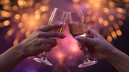 Two hands clinking champagne glasses in front of a vibrant, blurred background of fireworks, celebrating a special occasion.