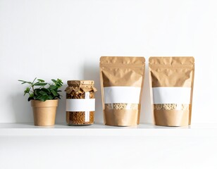 Plant, jar, pouches on a white shelf