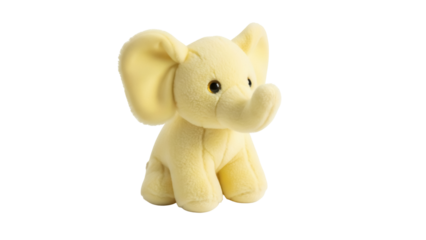 Cute yellow elephant plush toy isolated PNG on transparent background, soft stuffed animal for kids and nursery decor