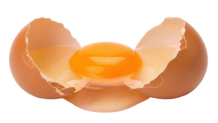 Cracked egg with yolk isolated PNG on transparent background, broken shell halves with raw egg for cooking and baking