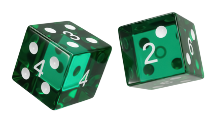 Two green dice PNG isolated on transparent background, gambling game equipment for board games and decision making, random number generator