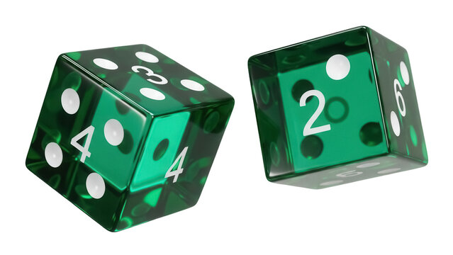 Two green dice PNG isolated on transparent background, gambling game equipment for board games and decision making, random number generator