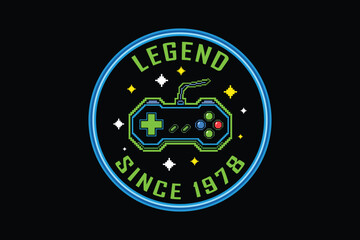 Retro gaming badge with controller and legend since 1978