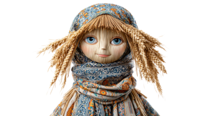 Handcrafted straw doll character with wheat hair folk art rustic decoration traditional costume fantasy figure studio portrait on white background