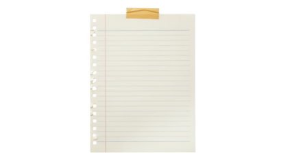 Lined notebook paper with tape isolated PNG on transparent background, school stationery for notes and reminders