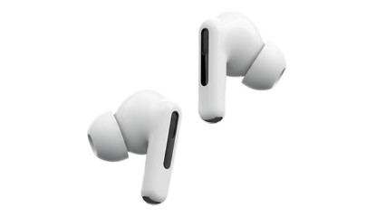 Pair of white wireless earbuds isolated PNG on transparent background, modern audio technology for music listening and communication