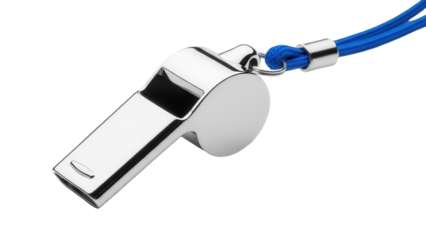 Shiny metal whistle with blue lanyard isolated PNG, sports equipment for referees and coaches on transparent background