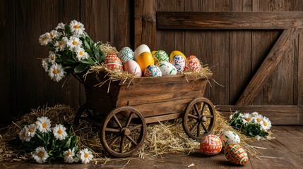 Rustic Easter Decoration with Colored Eggs and Floral Arrangements