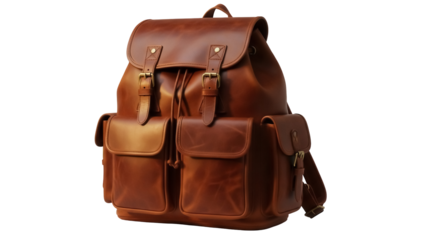 Brown leather backpack PNG isolated on transparent background, vintage style rucksack with pockets for travel and everyday use