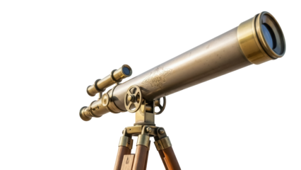 Antique brass telescope isolated PNG on transparent background, vintage nautical spyglass for astronomy and exploration