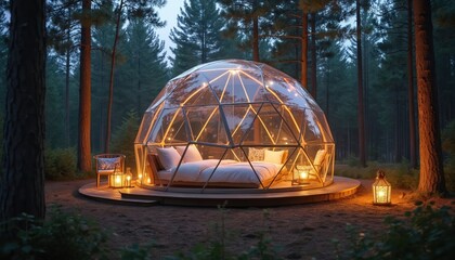 Transparent geodesic dome glamping tent set up in forest clearing. Cozy bed inside illuminated by warm string lights. Outdoor unique accommodation.