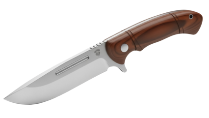 Hunting knife with wooden handle isolated PNG, sharp blade for outdoor survival and camping gear on transparent background