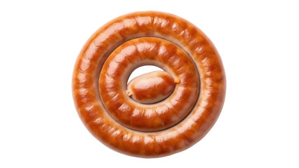 Spiral sausage isolated PNG on transparent background, smoked pork sausage ring for grilling and...