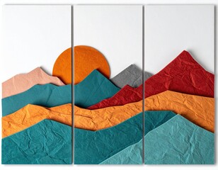 Paper-art of layered mountains and sun on white triptych