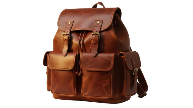 Brown leather backpack PNG isolated on transparent background, vintage style rucksack with pockets for travel and everyday use