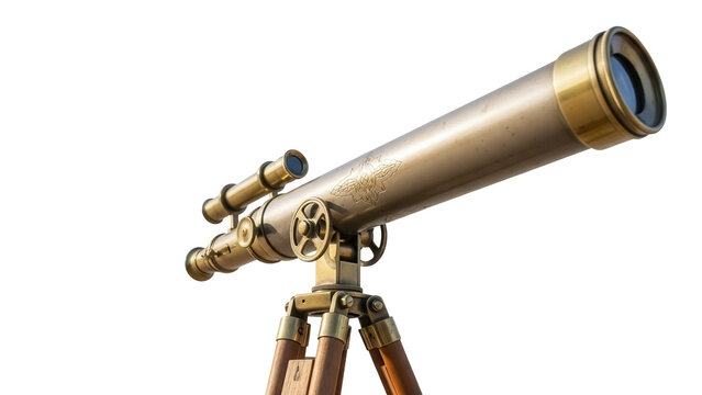 Antique brass telescope isolated PNG on transparent background, vintage nautical spyglass for astronomy and exploration