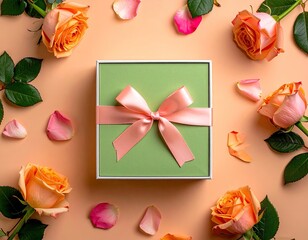 Gift box with pink bow surrounded by orange roses