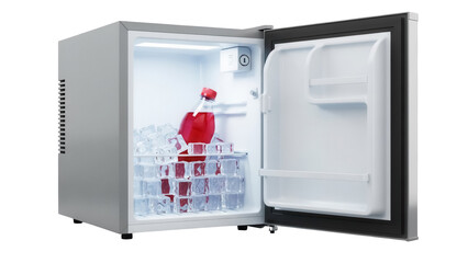 Mini fridge with red soda bottle and ice cubes isolated PNG, compact refrigerator for dorm room or office use on transparent background