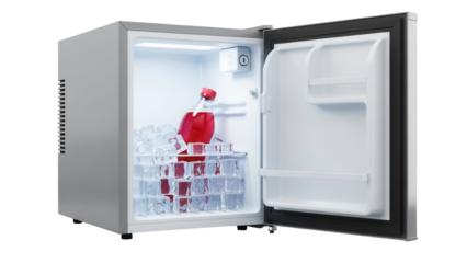 Mini fridge with red soda bottle and ice cubes isolated PNG, compact refrigerator for dorm room or office use on transparent background