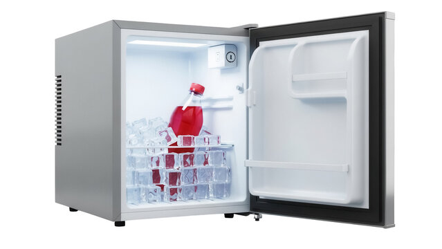 Mini fridge with red soda bottle and ice cubes isolated PNG, compact refrigerator for dorm room or office use on transparent background