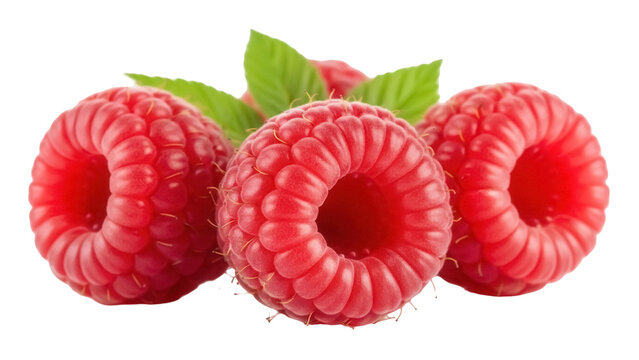 Three vibrant red raspberries with green leaves isolated PNG, fresh and juicy summer fruit on transparent background