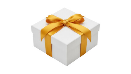 Obraz premium Elegant white gift box with golden ribbon isolated PNG, present for birthday or Christmas on transparent background