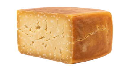 Wedge of aged Manchego cheese isolated PNG, hard cheese with small holes and a firm texture for gourmet food concepts