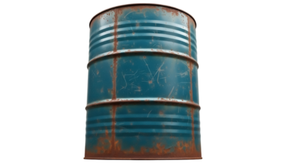 Rusty blue metal barrel isolated PNG on transparent background, weathered industrial container for storage and hazardous waste