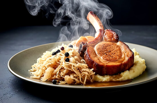 German kasseler braten mit sauerkraut, steam rising from a plate of smoked pork chop, mashed potatoes, and a mound of steaming sauerkraut with juniper berries 