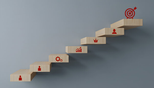 Conceptual visualization of business growth and success represented by a staircase of wooden blocks with relevant icons