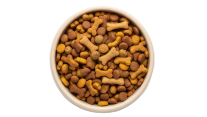 Dog food in a bowl isolated PNG, dry pet food with bone shapes for animal nutrition and feeding on transparent background