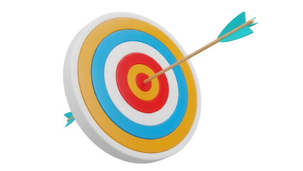 Target with arrow in bullseye isolated PNG, colorful concentric circles for archery sport and business success concept on transparent background