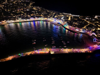 Night view of St Ives harbour and bay