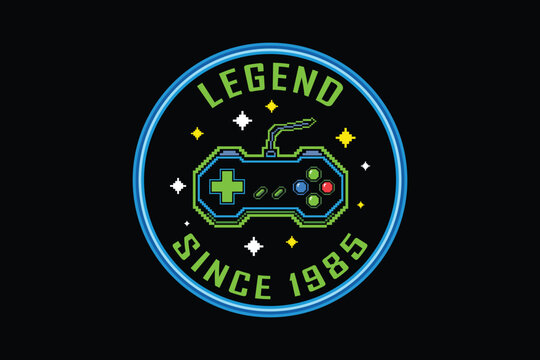 Retro gaming logo with controller and legend text since 1985